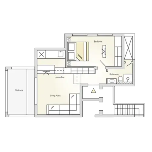 Floor plan of a spacious room featuring a balcony, living area, bedroom, and bathroom at 7Pines Resort Ibiza.